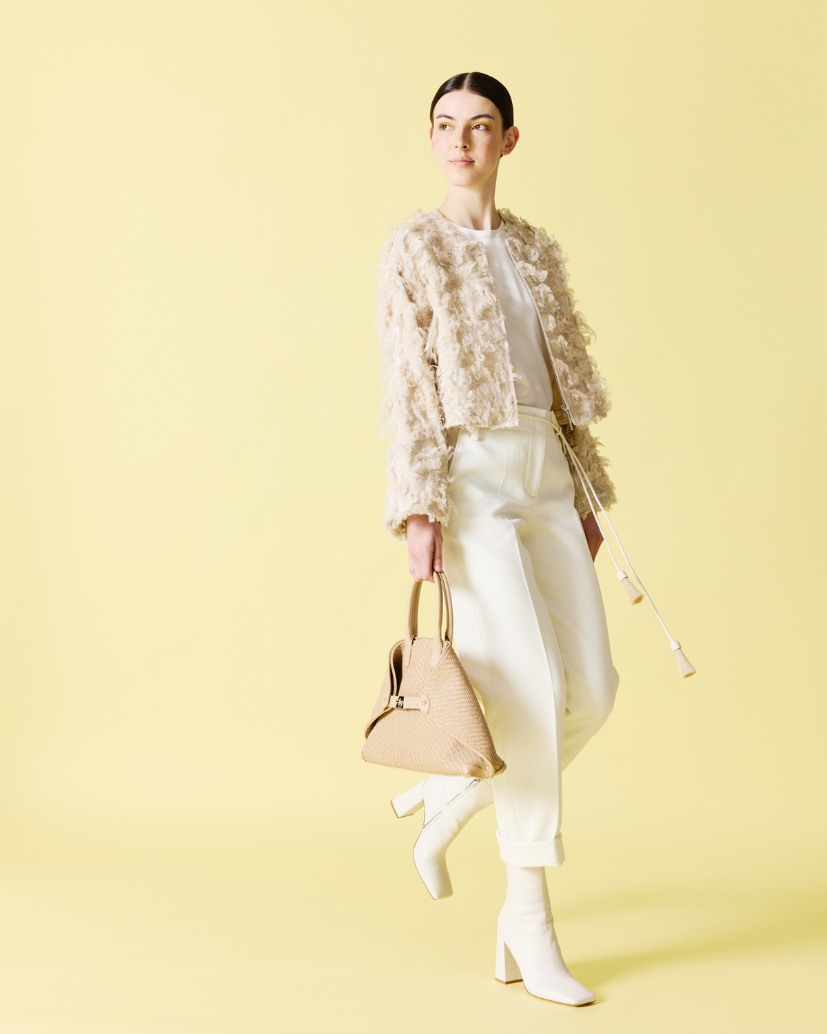 Designer Cropped Conical Cotton Gabardine Stretch Pants - ecru - white #editorial