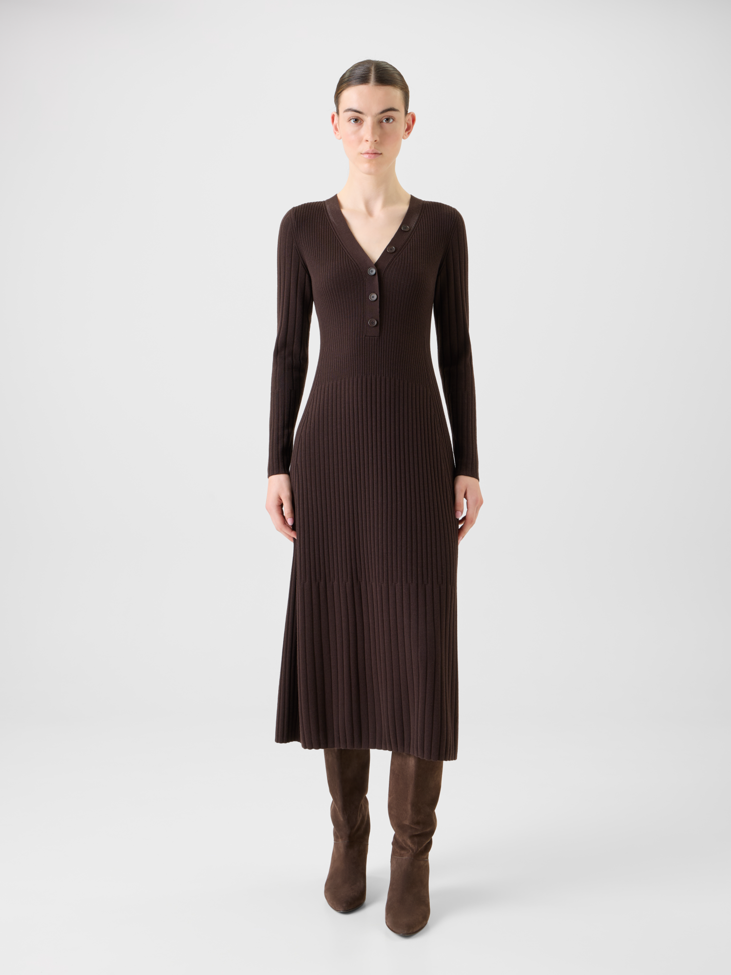 Designer Henley V-Neck Merino Wool Knit Midi Dress - neutral - brown 