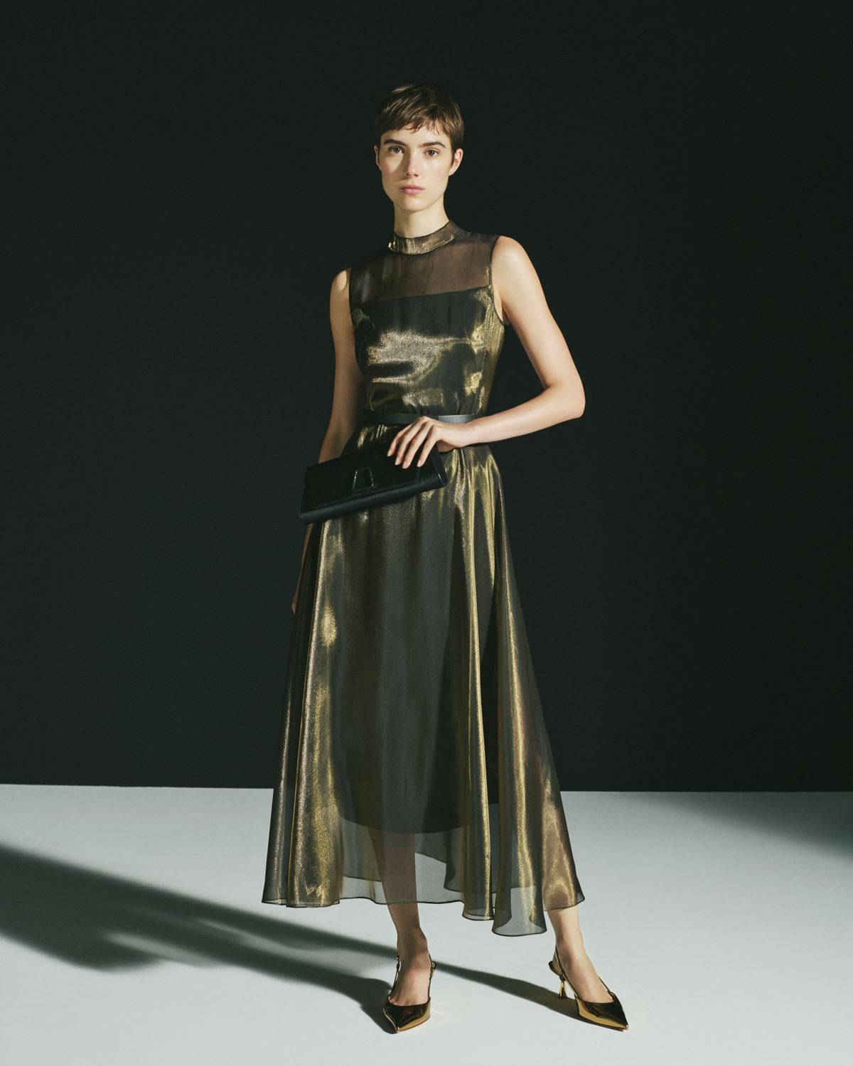 Designer Sheer Shimmer Silk Blend Organza Midi Dress - black - multicolor - gold #editorial