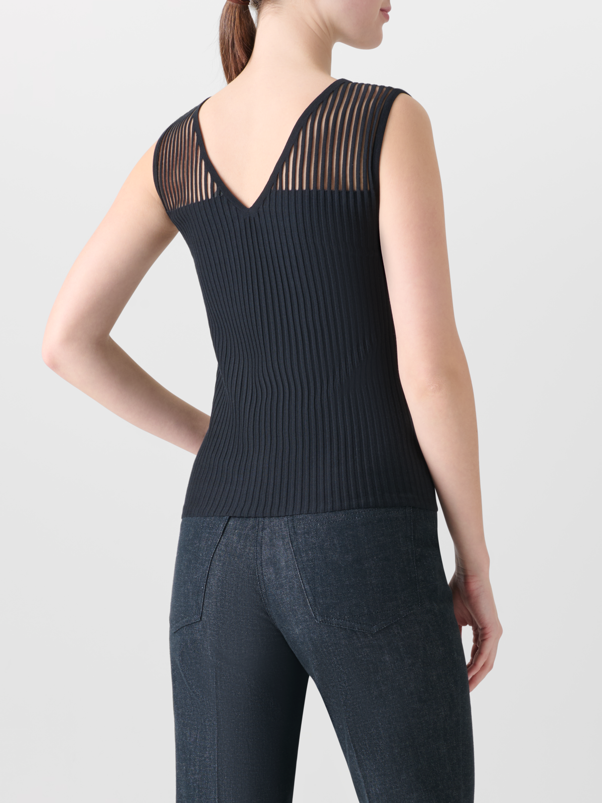 Designer Sleeveless Silk Cotton Top with Sheer Shoulder - black - neutral