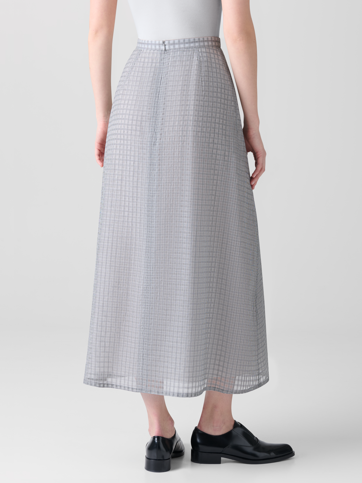 Designer Flared Cotton Midi Skirt with Small Plaid Print - black - neutral - grey - multicolor