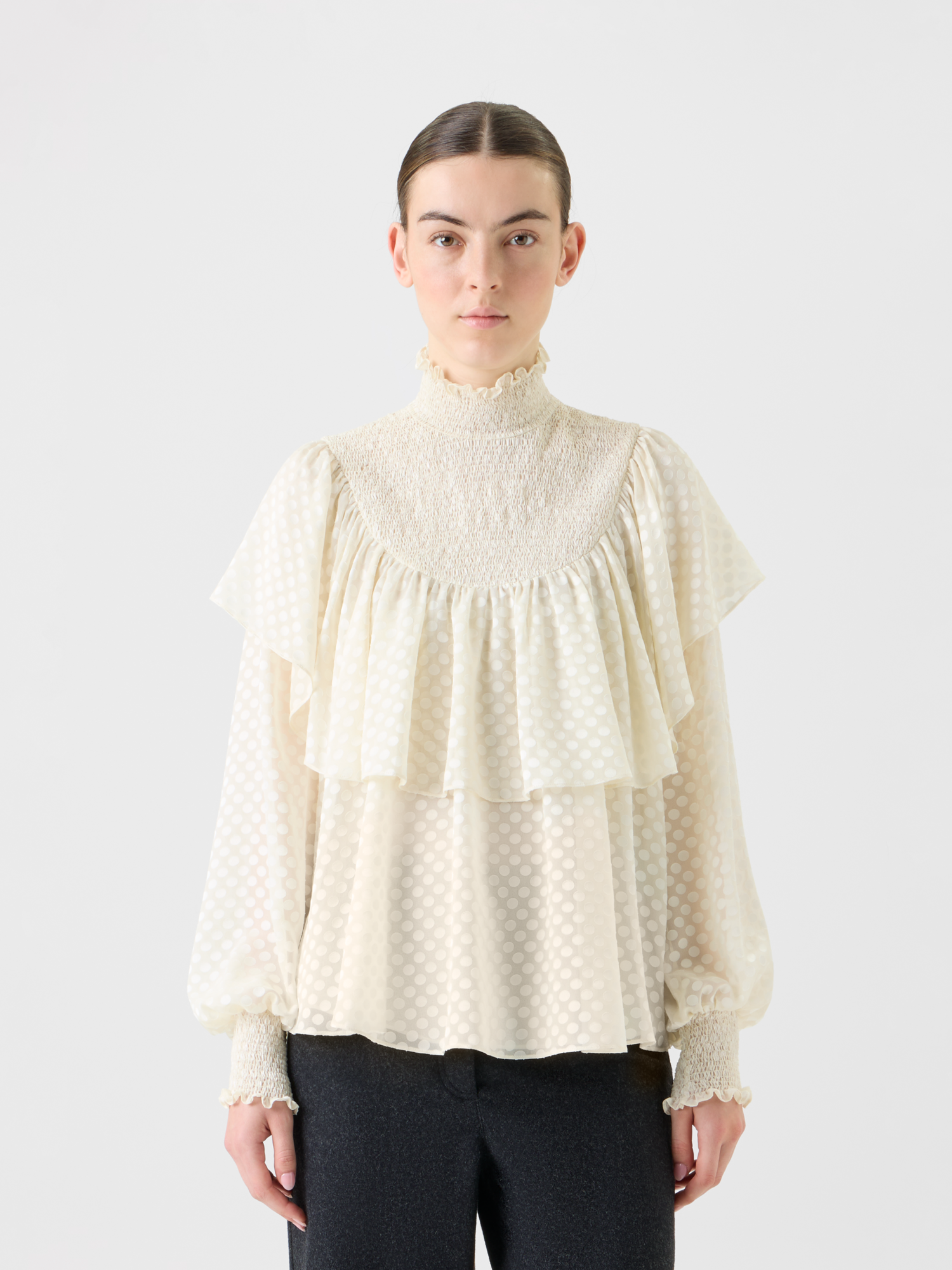 Designer Boho Smocked Flounce Shoulder Dotted Blouse - neutral - ecru - white 