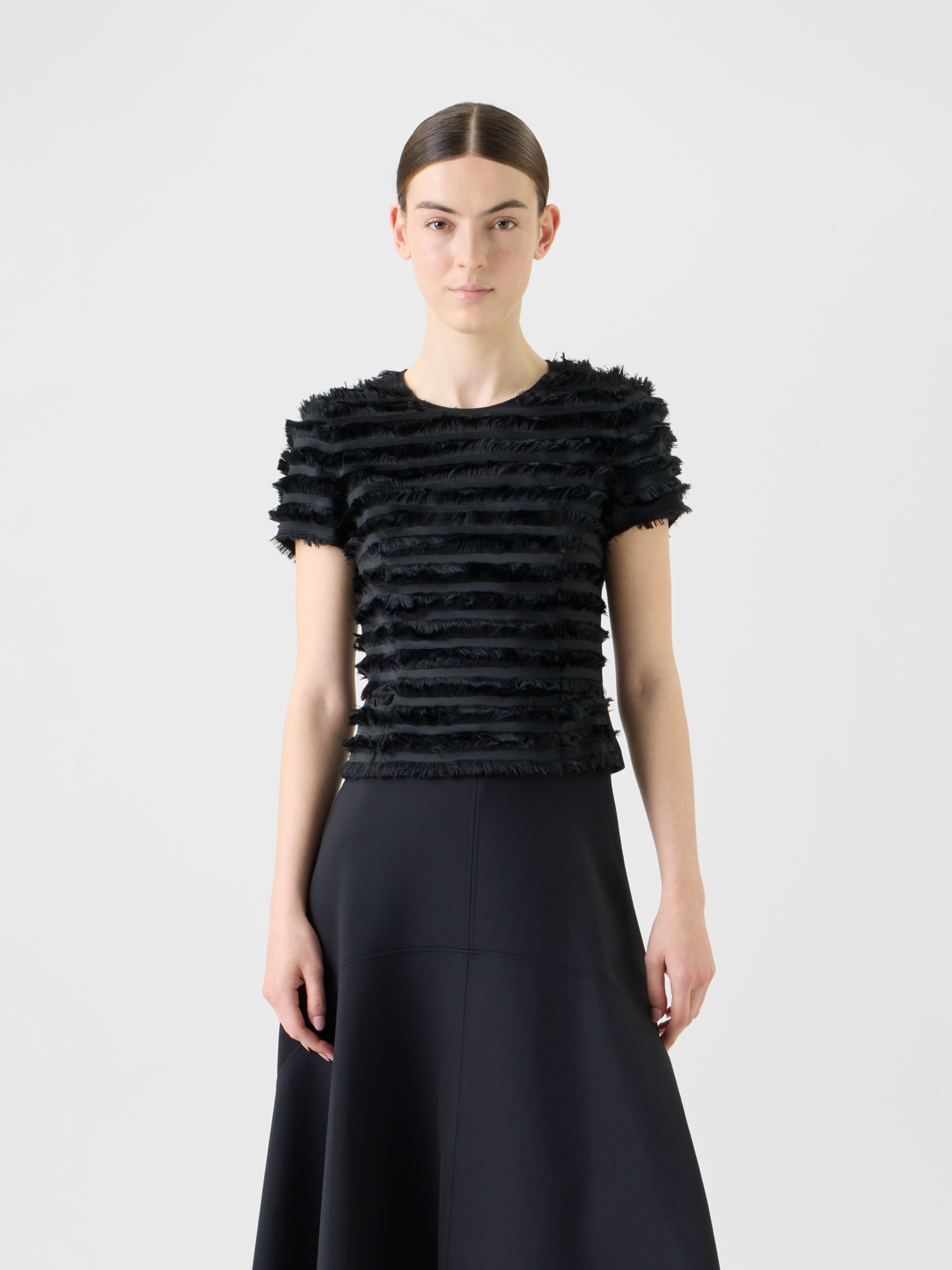 Designer Fitted Short Sleeve Top with Fringe Stripes - black - neutral 