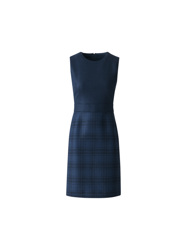 Designer Short Wool Double-Face Plaid A-Line Dress - neutral - navy - blue
