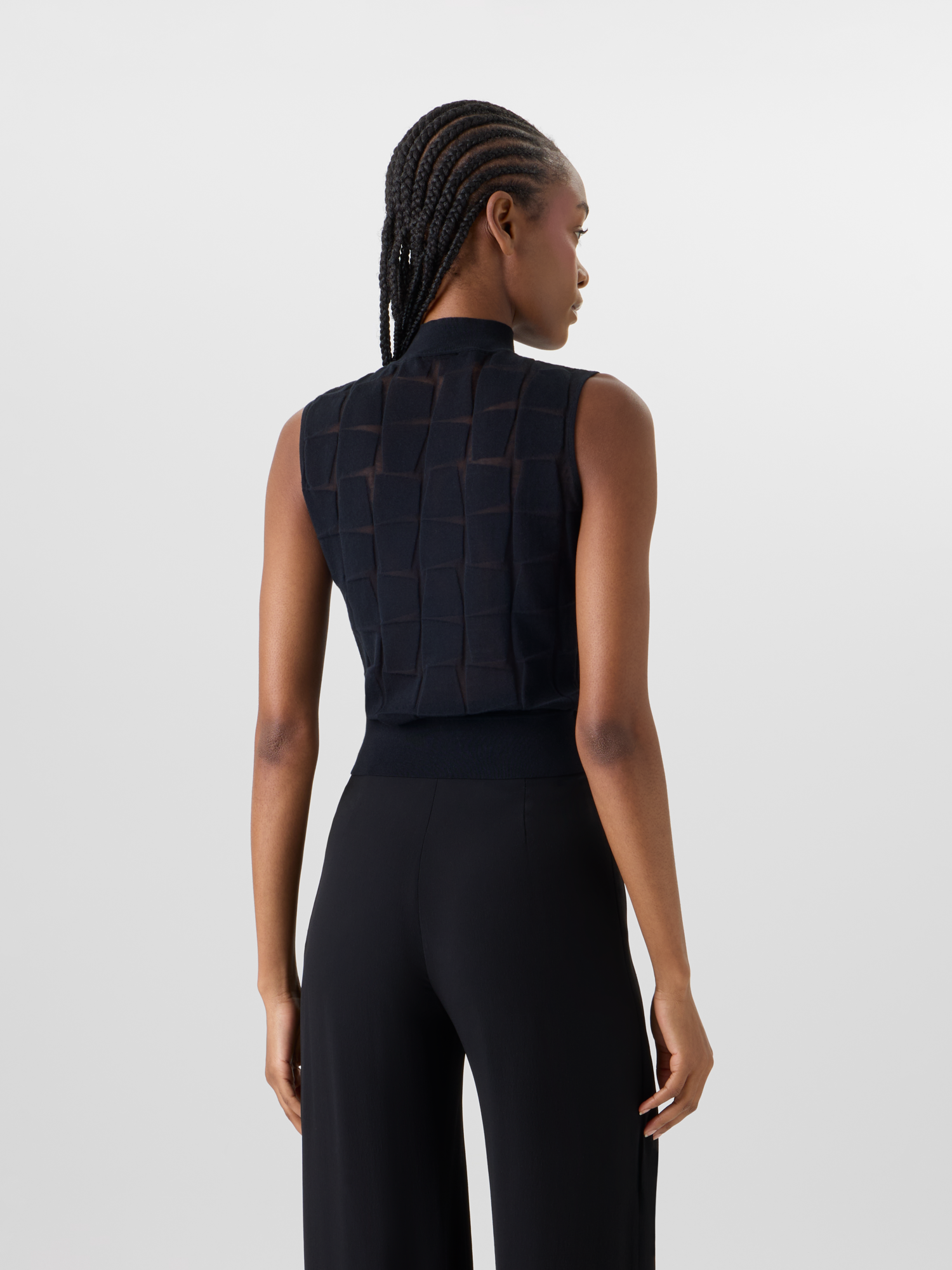 Designer Sleeveless Trapezoid Jacquard Knit Top - black 