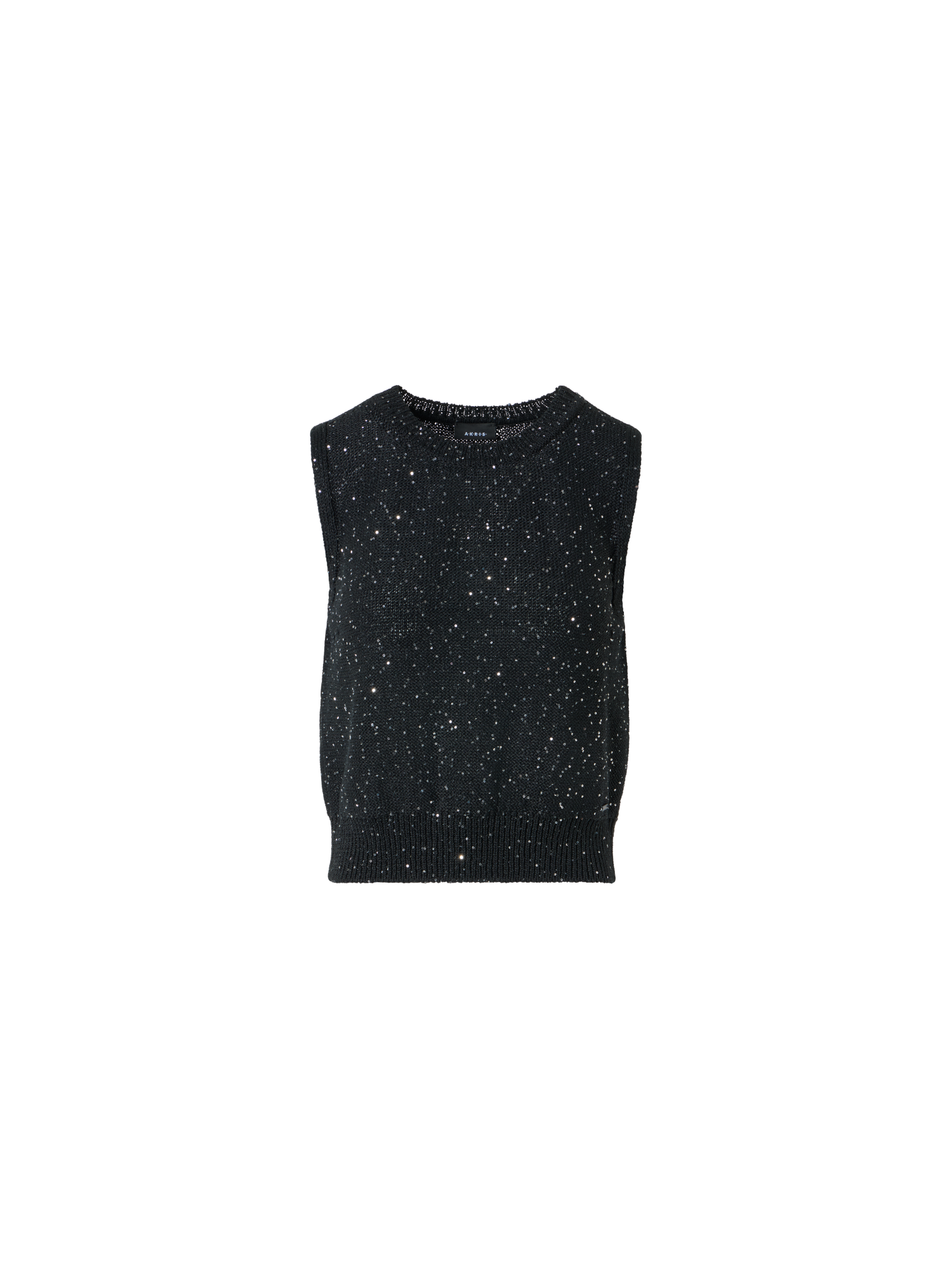 Designer Sleeveless Linen Cotton Knit Top with Sequins - black - neutral