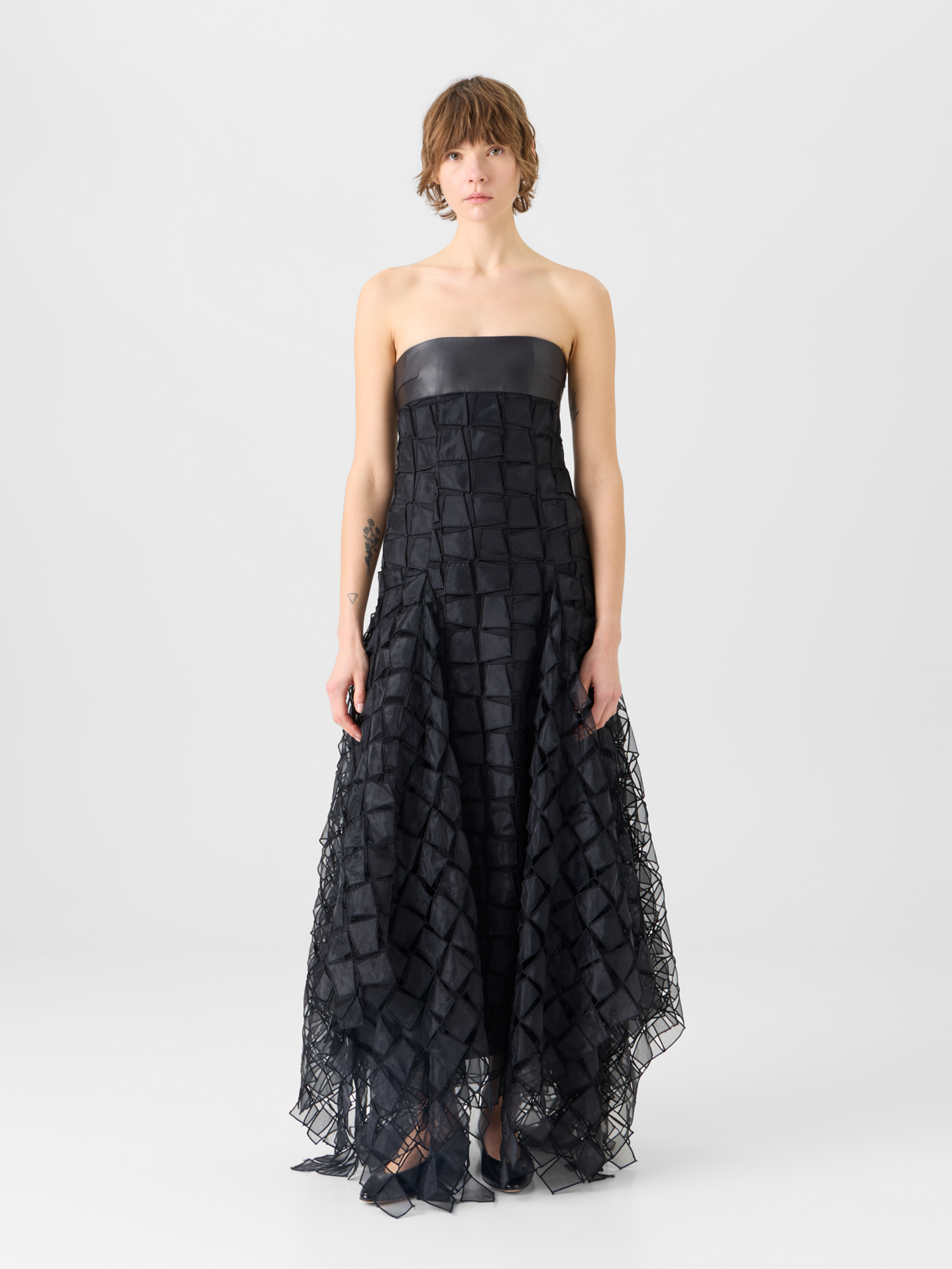 Designer Organza Trapezoid Embroidery Strapless Gown - black #editorial