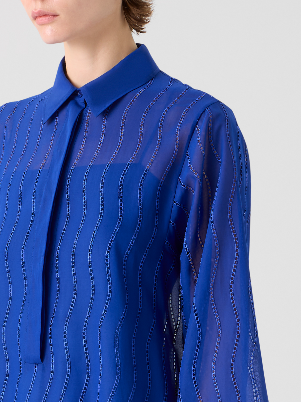 Designer Midi Shirt Dress with Wave Embroidery - blue #editorial