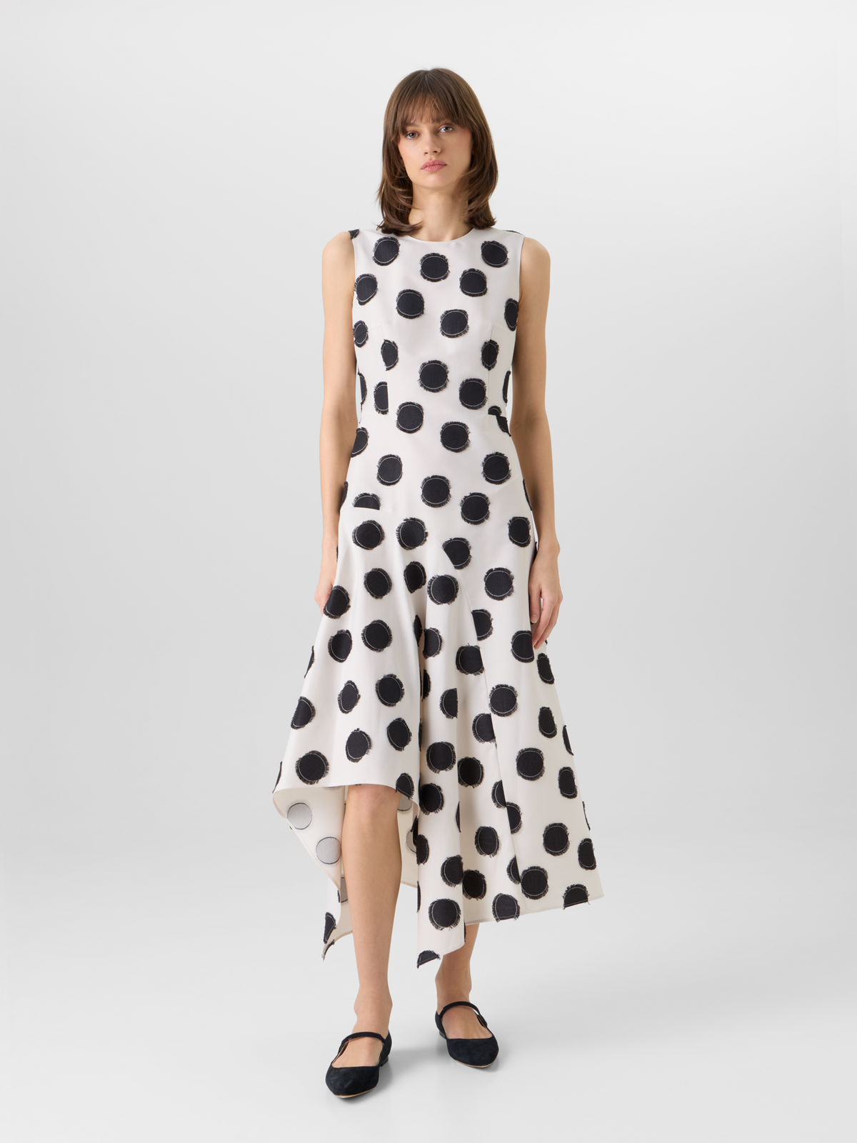 Designer Sleeveless Fringed Polka-Dot Midi Dress - white #editorial