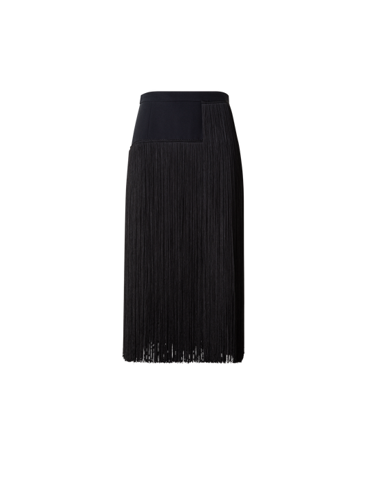 Designer Short Silk Skirt with Fringes - black