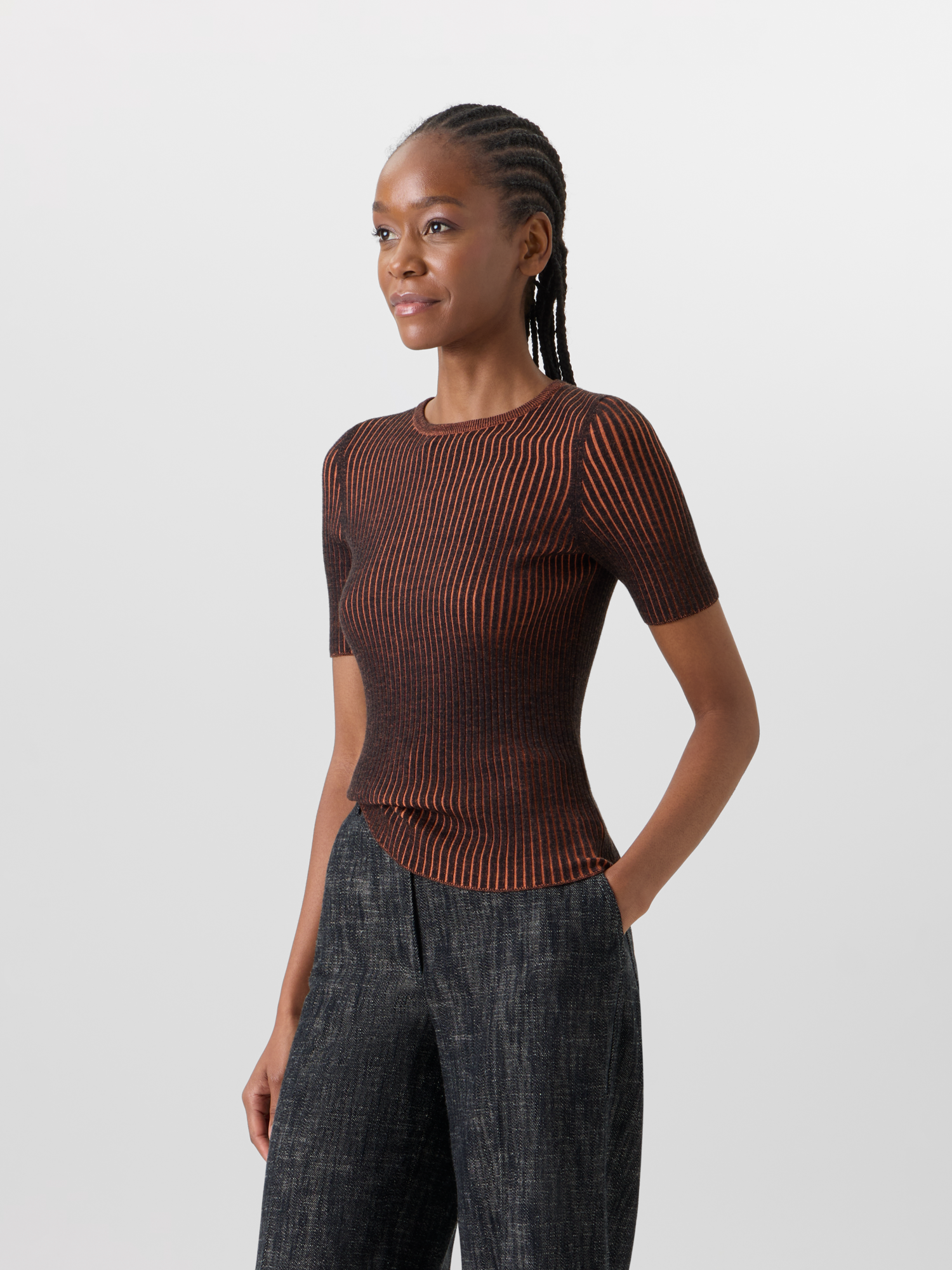 Designer Short-Sleeve Merino Wool Knit Sweater - multicolor 