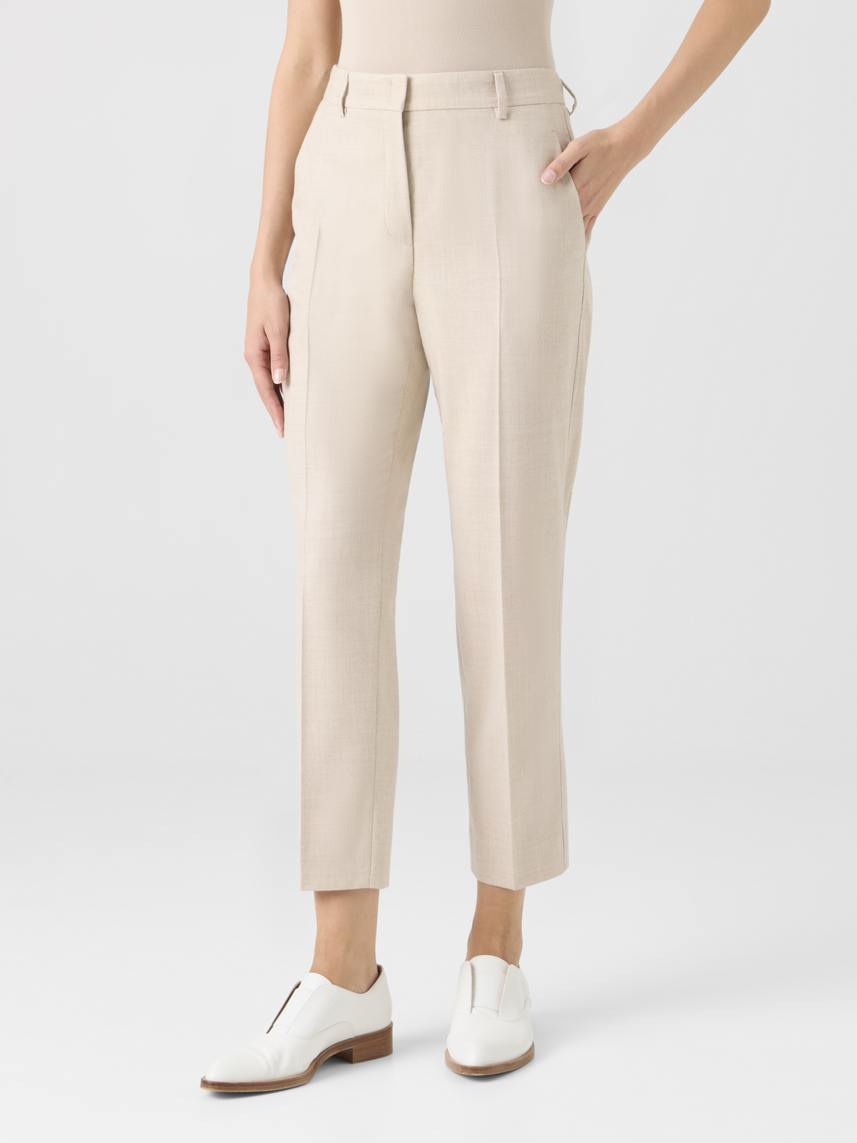 Designer Tapered Wool Stretch Flannel Ankle Pants - beige #editorial