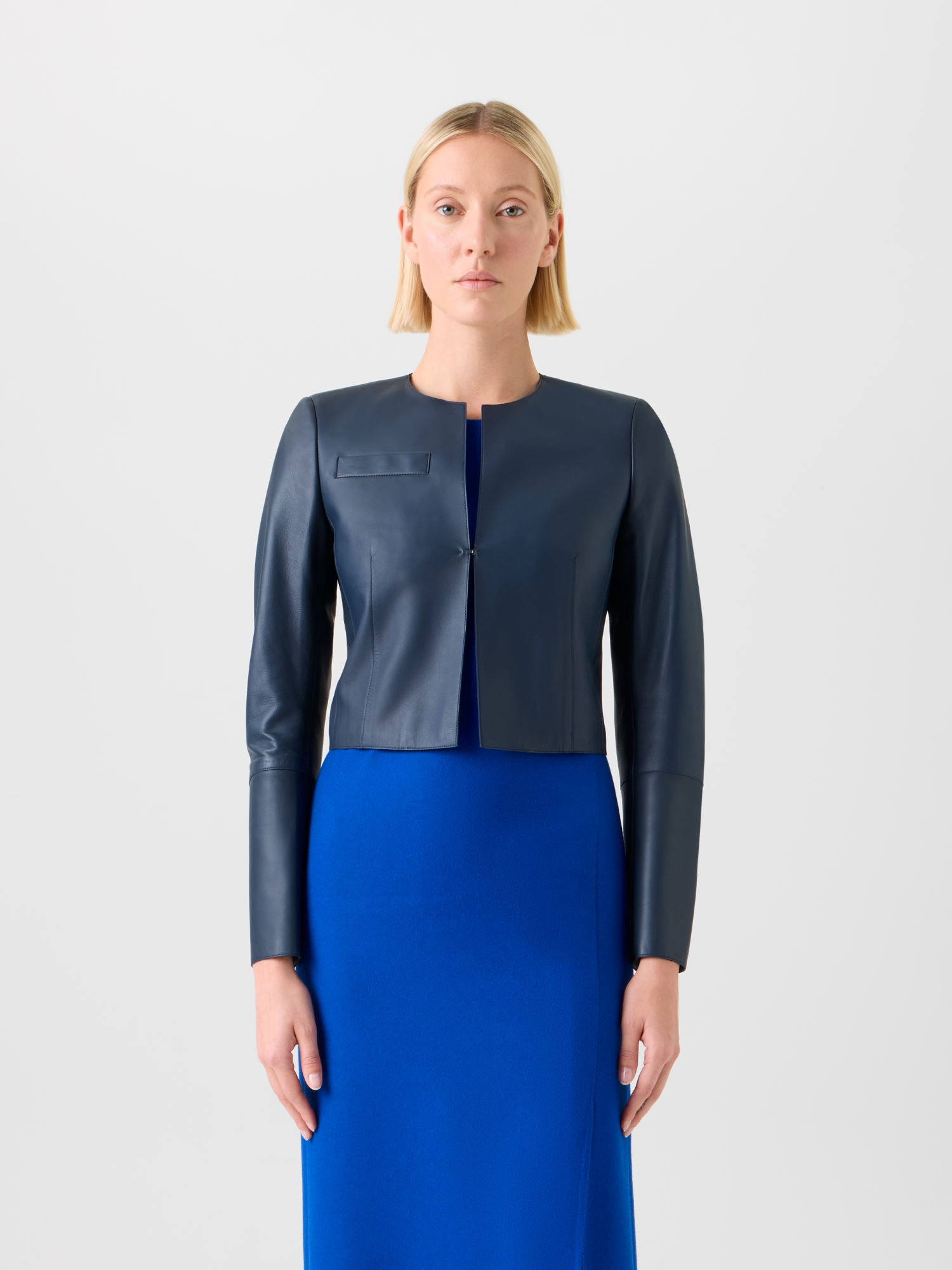 Designer Cropped Leather Jacket - navy - blue 