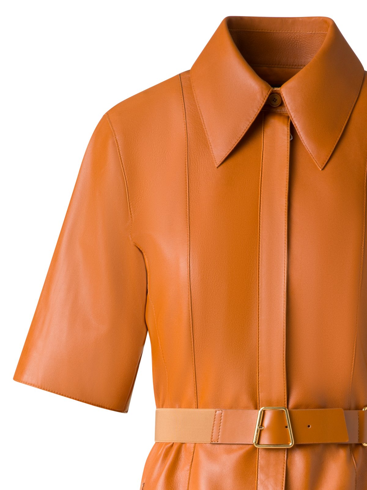 Designer Short Sleeve Shirt Dress in Leather - neutral - brown