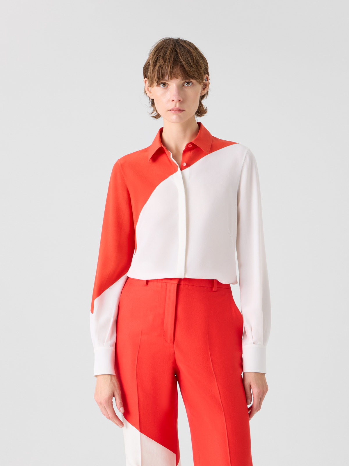 Designer Silk Crêpe Blouse with Polygon Print - multicolor