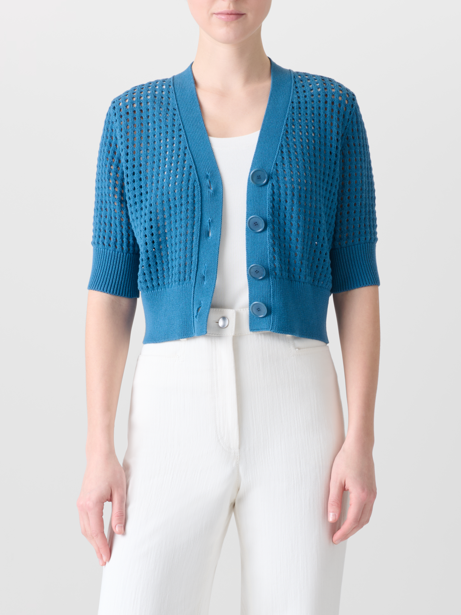 Designer Cropped Cardigan in Chunky Cotton Mesh - blue 