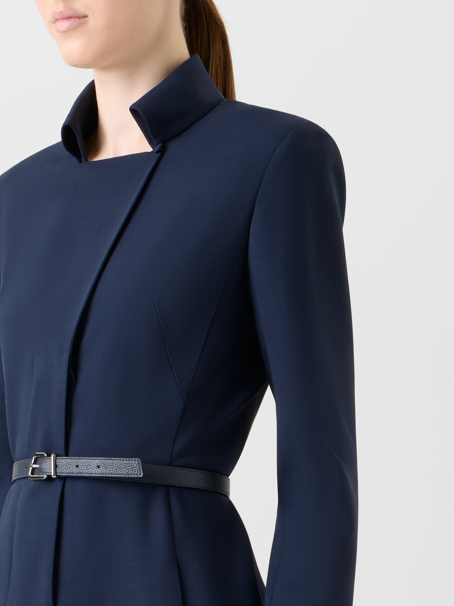 Designer Belted Wool Double-Face Midi Shirt Dress - neutral - navy - blue 