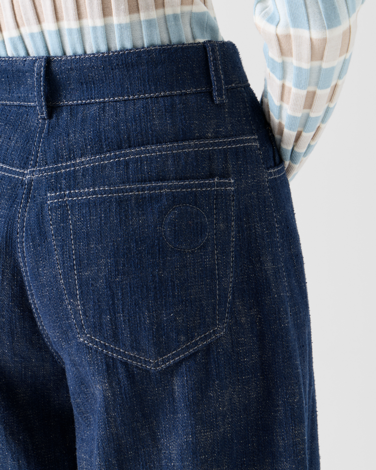 Designer Barrel Leg Pants in Brushed Winter Denim - navy #editorial