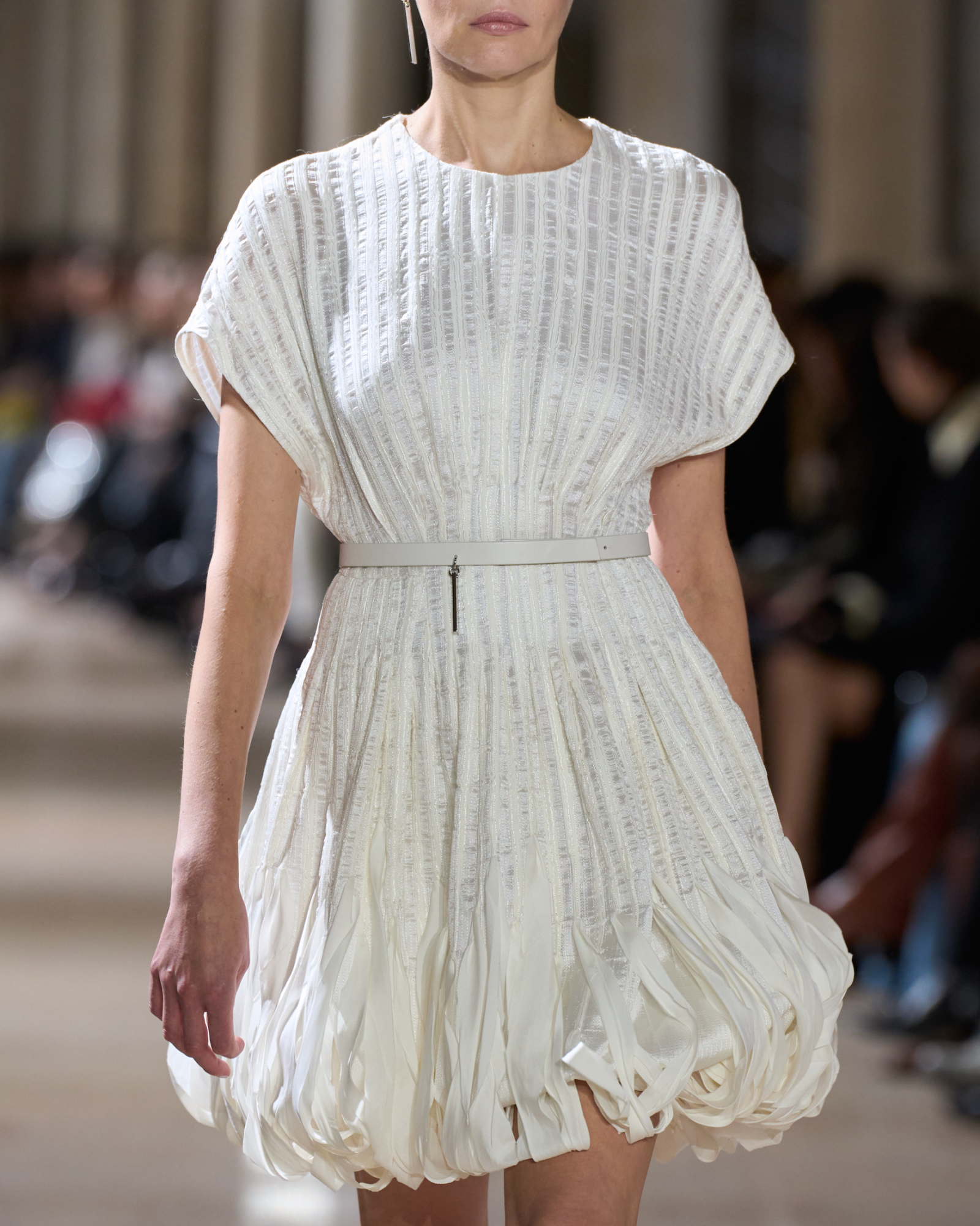 Designer Short Flared Silk Dress with Ribbon Loops Skirt - ecru - white 