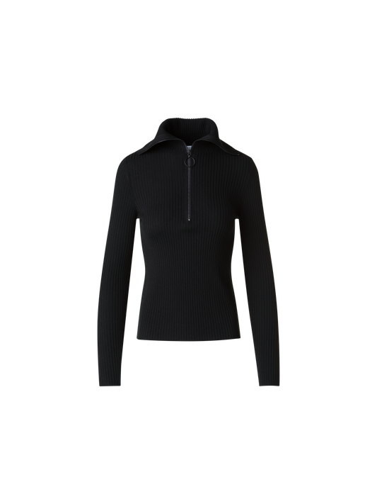 Designer Sailor Collar Merino Wool Rib Half-Zip Sweater - black - neutral