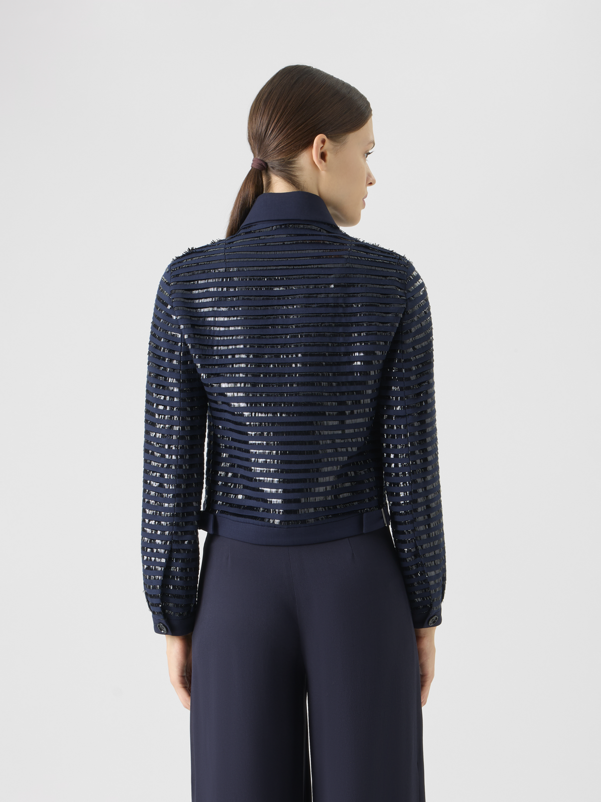 Designer Lamé Fringes Embroidered Wool Short Jacket - navy #editorial