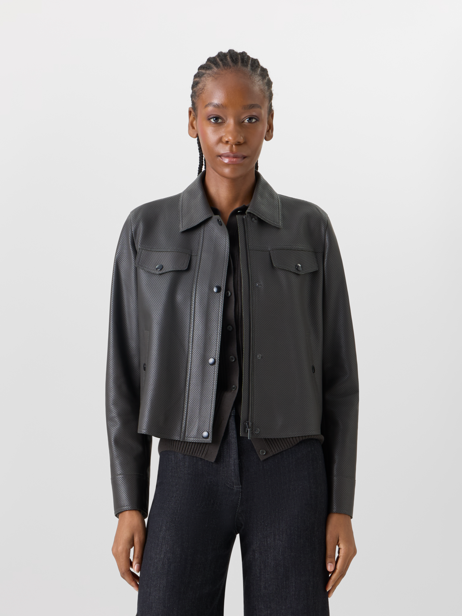Designer Long-Sleeve Signature Pin Dot Lamb Nappa Leather Motorbike Jacket - green 