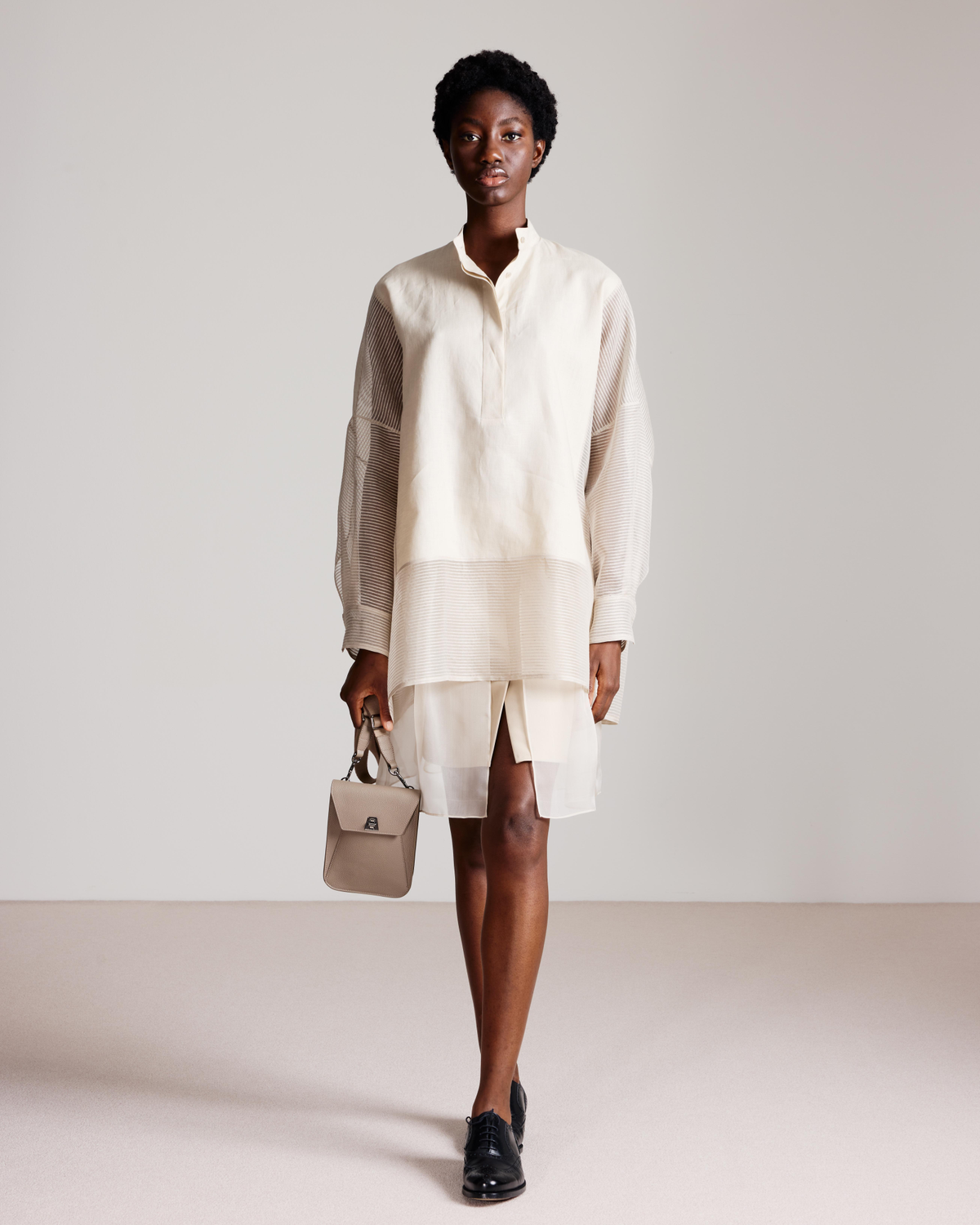 Designer Linen Tunic Blouse with Striped Organza - neutral - grey - beige #editorial