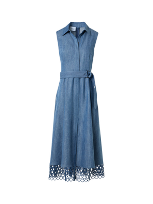 Designer Denim Shirt Dress with Eyelet Guipure - blue