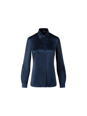 Designer Stretch Silk Satin Shirt Blouse - neutral - navy - blue