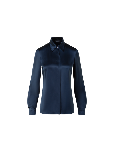 Designer Stretch Silk Satin Shirt Blouse - neutral - navy - blue