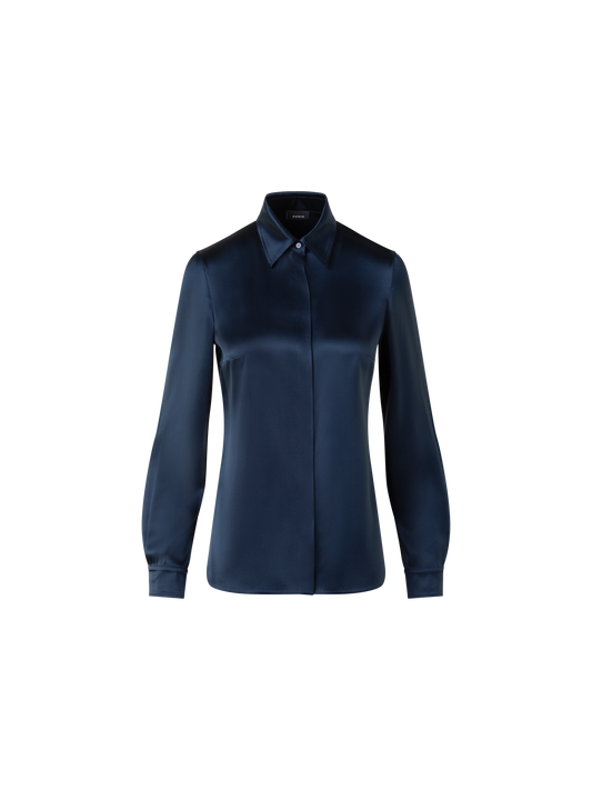 Designer Stretch Silk Satin Shirt Blouse - neutral - navy - blue