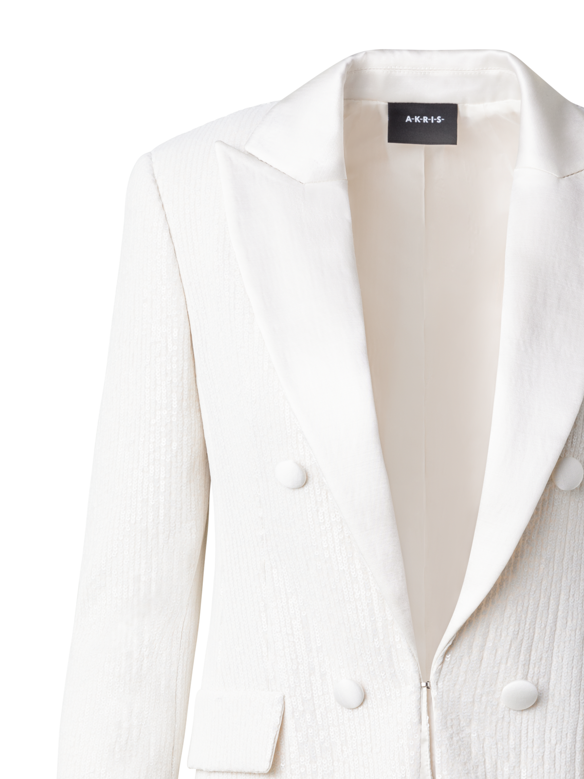 Designer Sequined Tuxedo Jacket with Satin Lapel - ecru - white