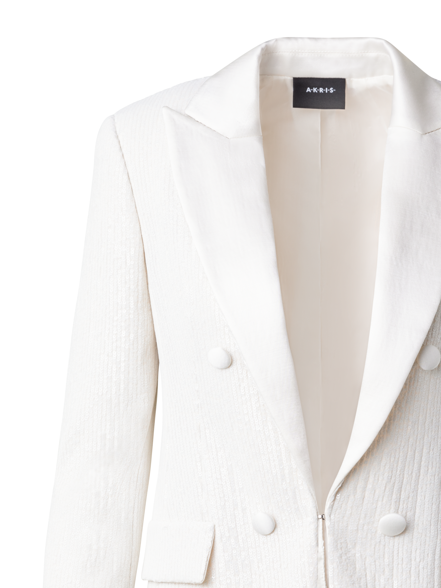 Designer Sequined Tuxedo Jacket with Satin Lapel - ecru - white