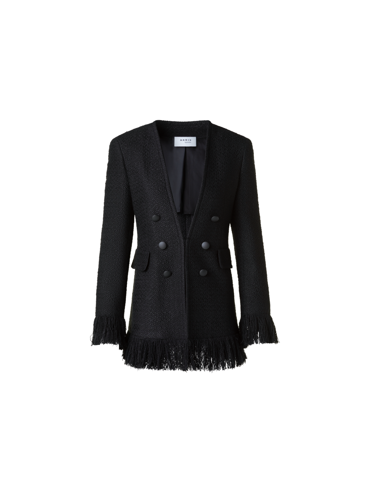 Designer Double-Breasted Illusion Jacket with Fringes - black - neutral