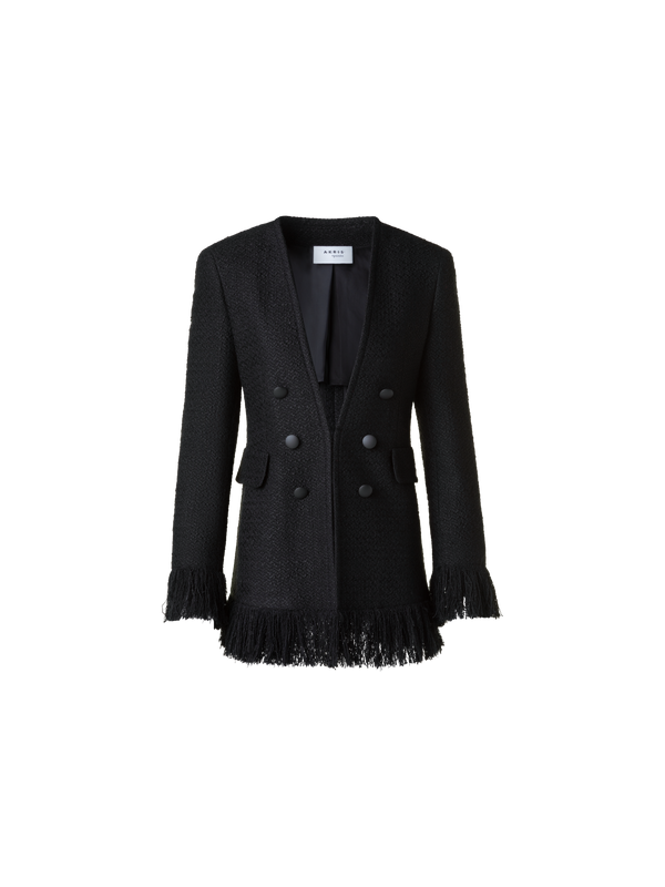 Designer Double-Breasted Illusion Jacket with Fringes - black - neutral