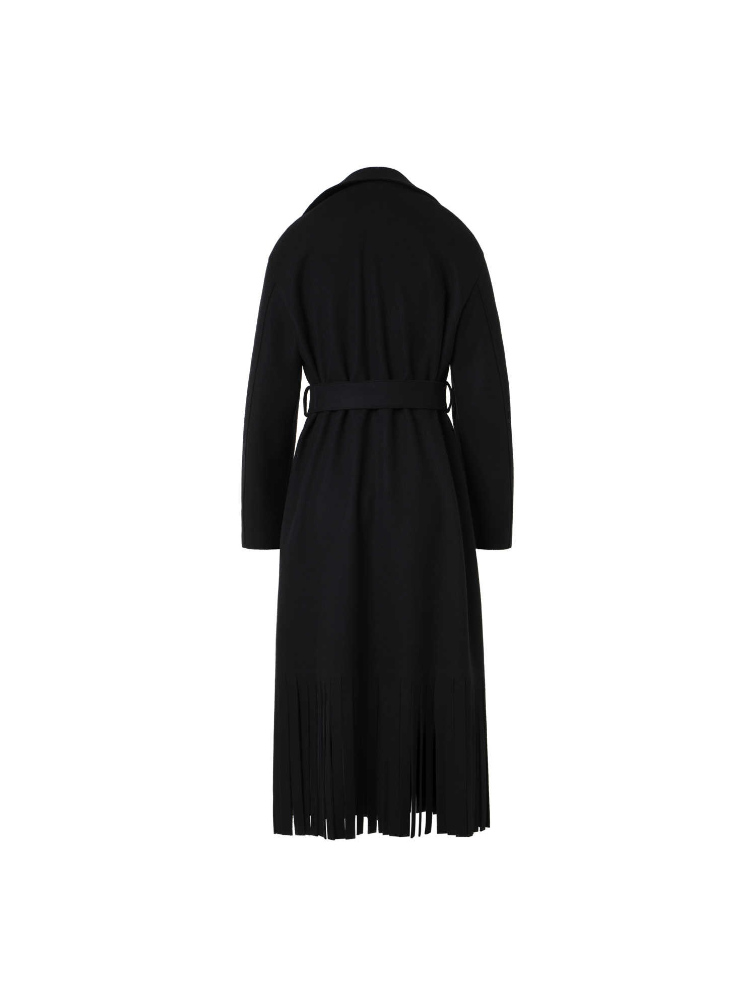 Designer Fringed Felted Wool Trench Coat - black
