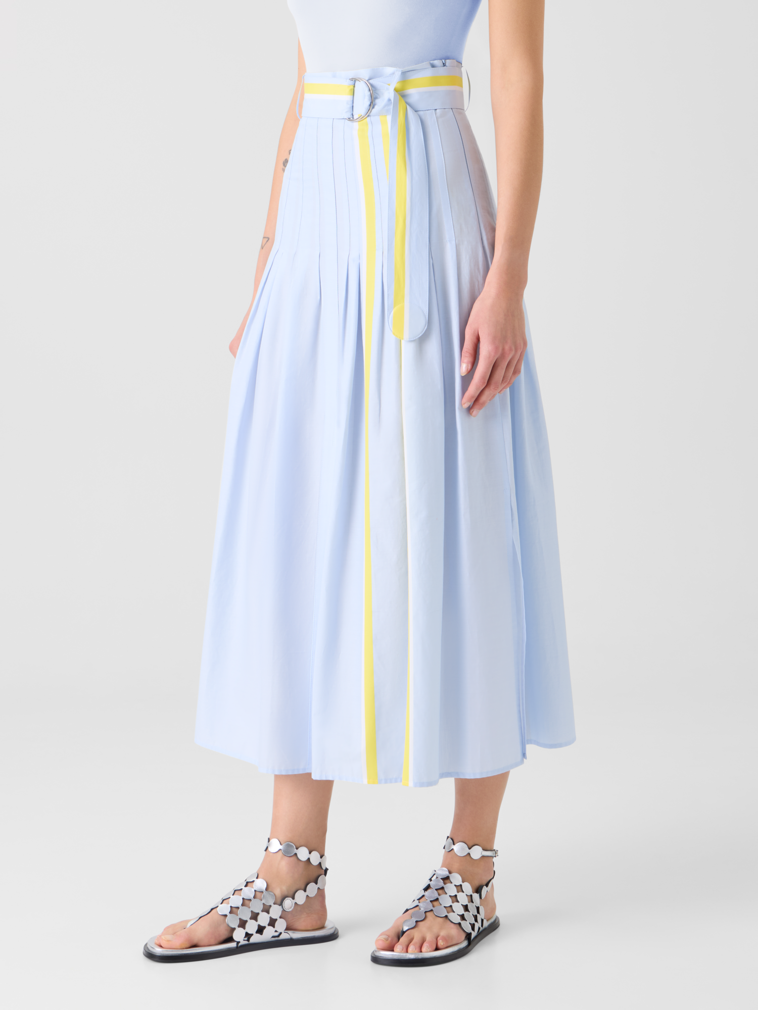 Designer Pleated Striped Cotton Chambray Midi Skirt with Belt - blue - multicolor