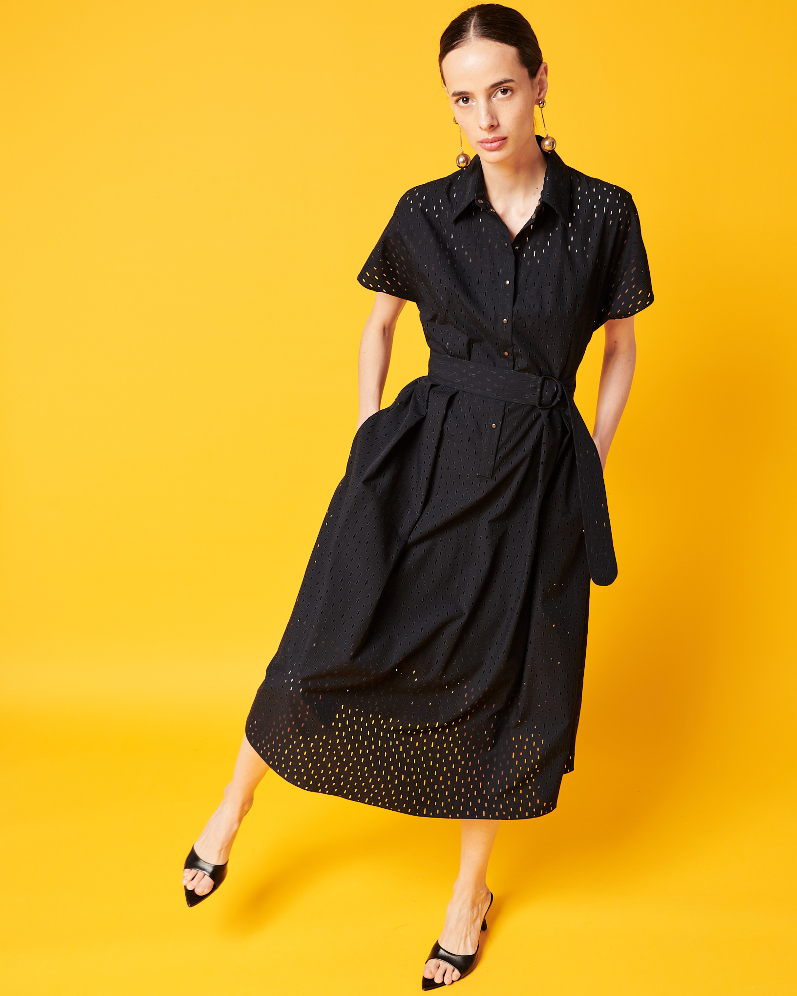 Designer A-Line Flare Cotton Lasercut Grid Midi Dress - navy 
