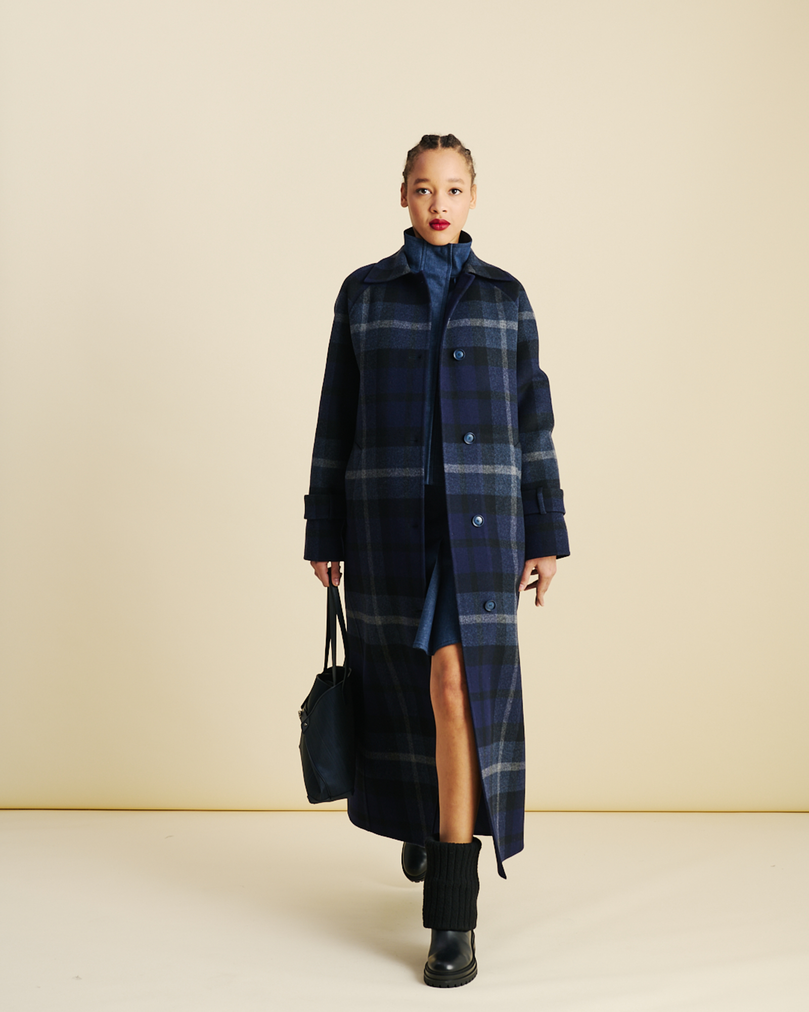 Designer Oversized Wool Double-Face Plaid Maxi Coat - neutral - navy - blue 