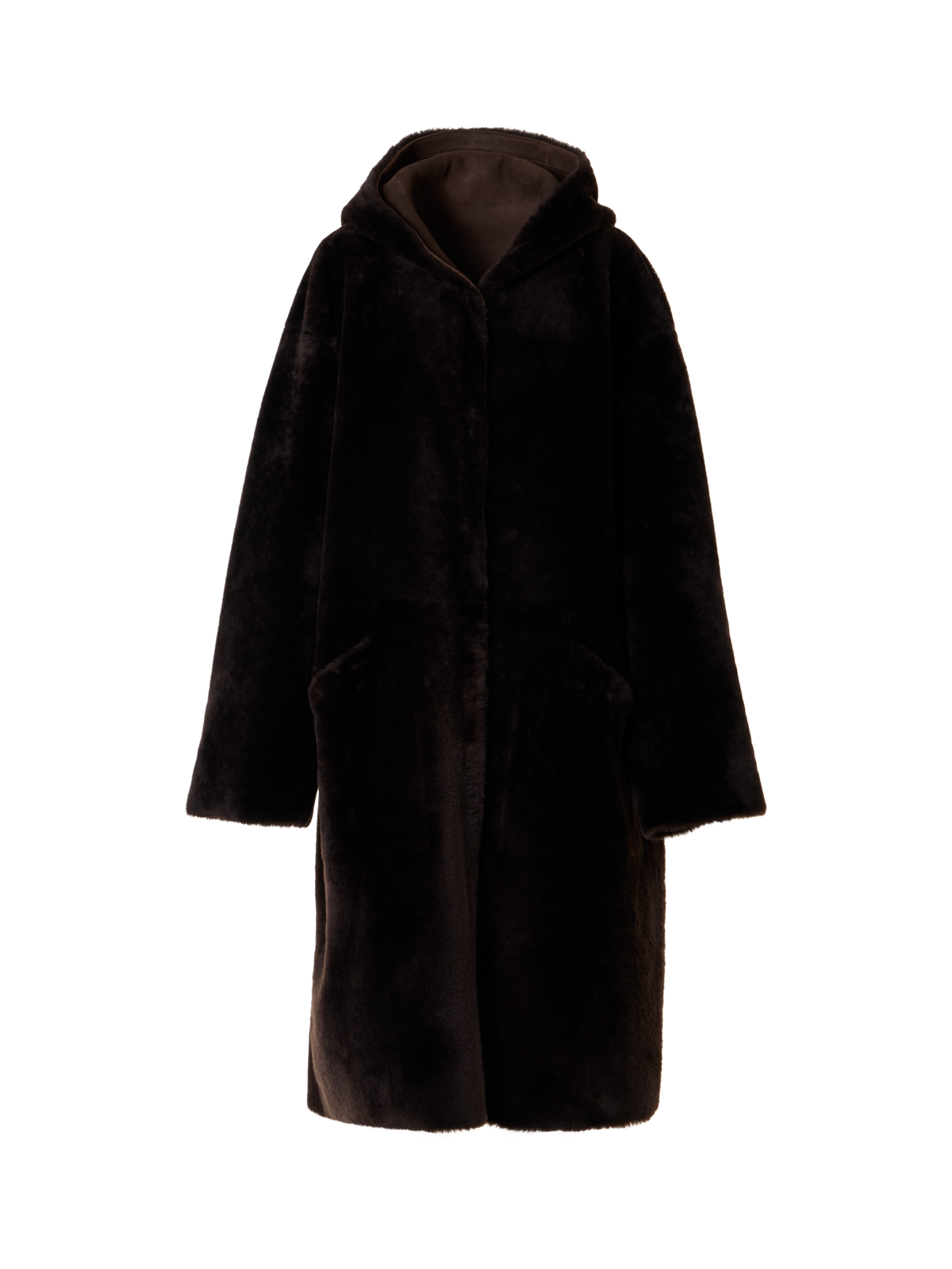 Designer Reversible Oversize Hooded Shearling Coat - brown