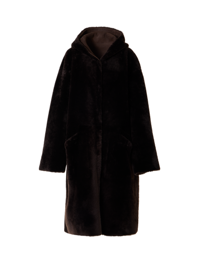 Designer Reversible Oversize Hooded Shearling Coat - brown