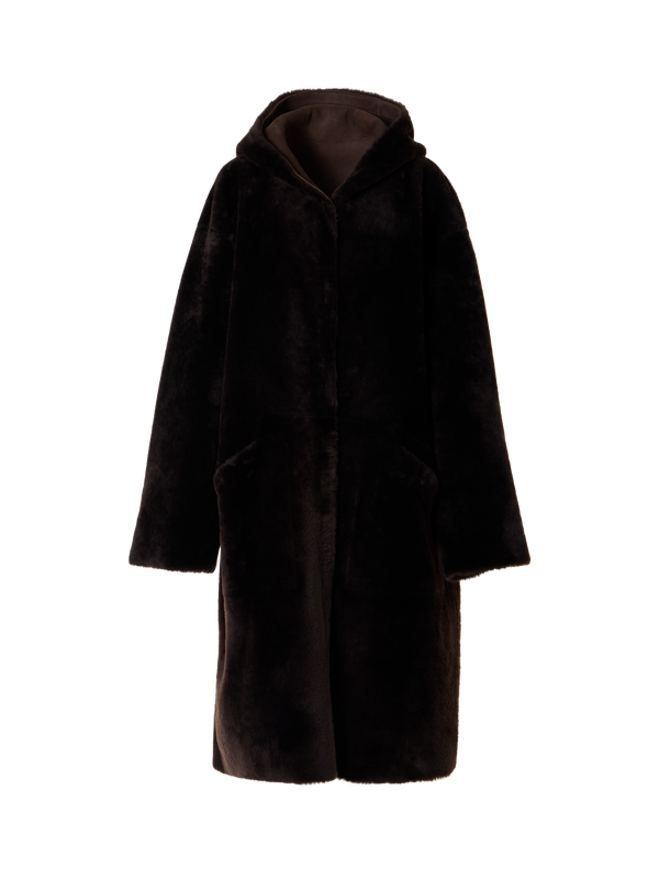 Designer Reversible Oversize Hooded Shearling Coat - brown