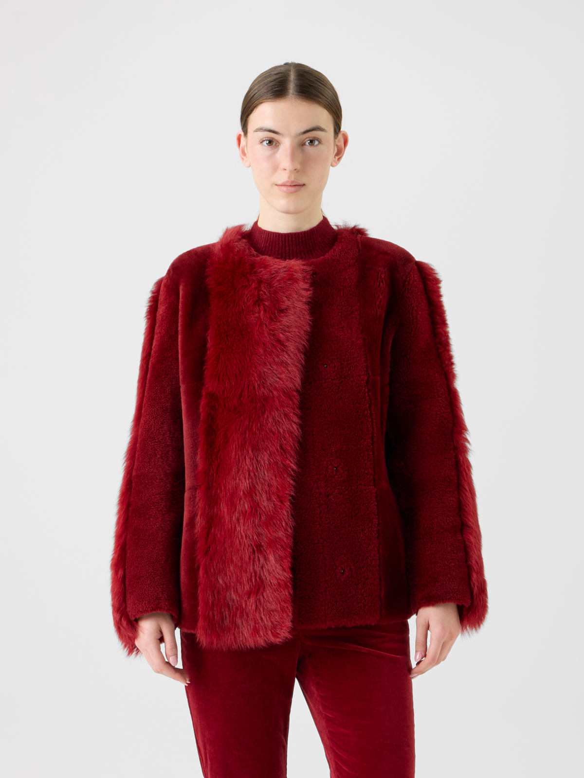 Designer Boxy Patchwork Shearling Short Coat - red #editorial