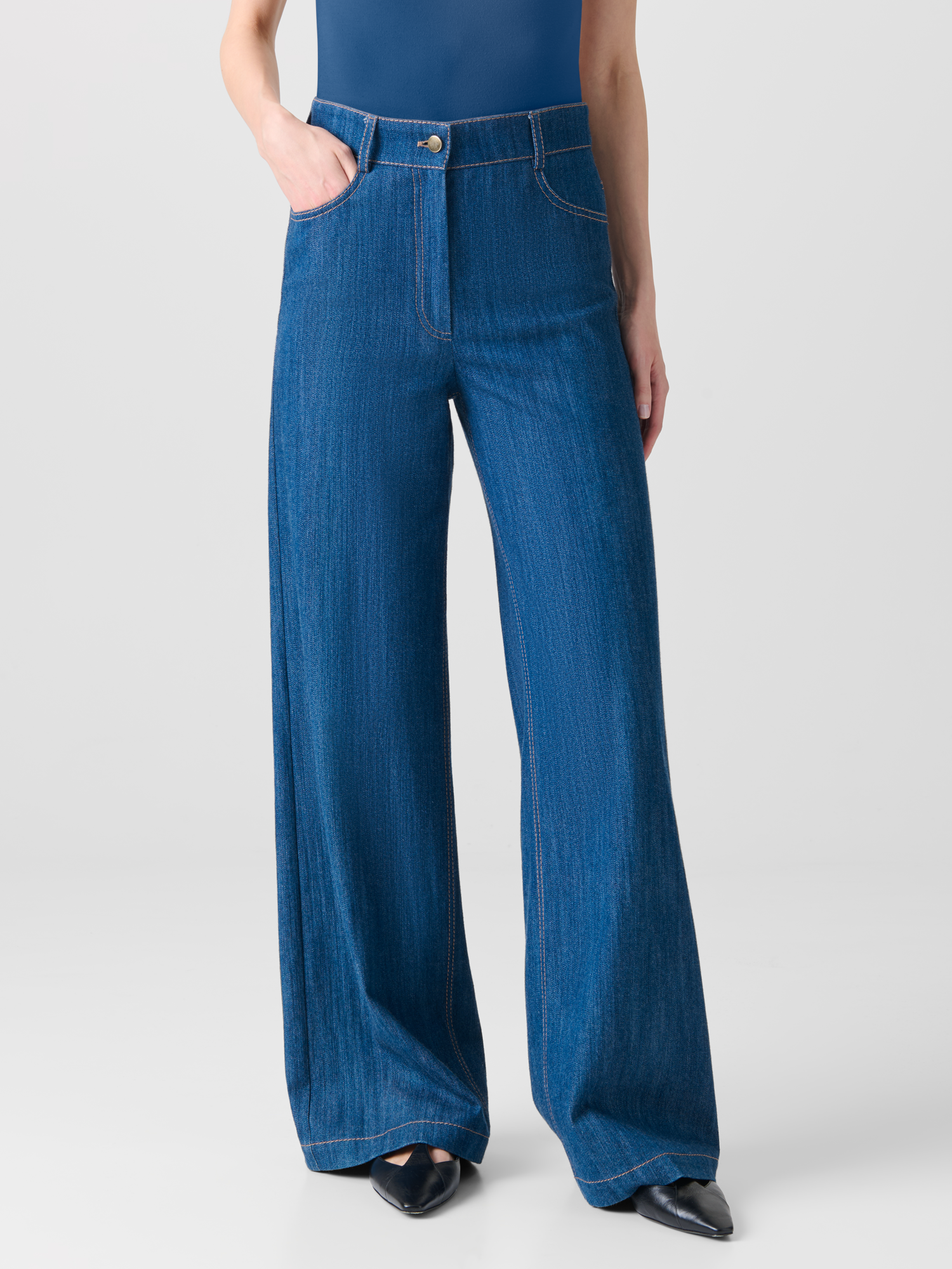 Designer Wide Cotton Denim Stretch Pants - blue 