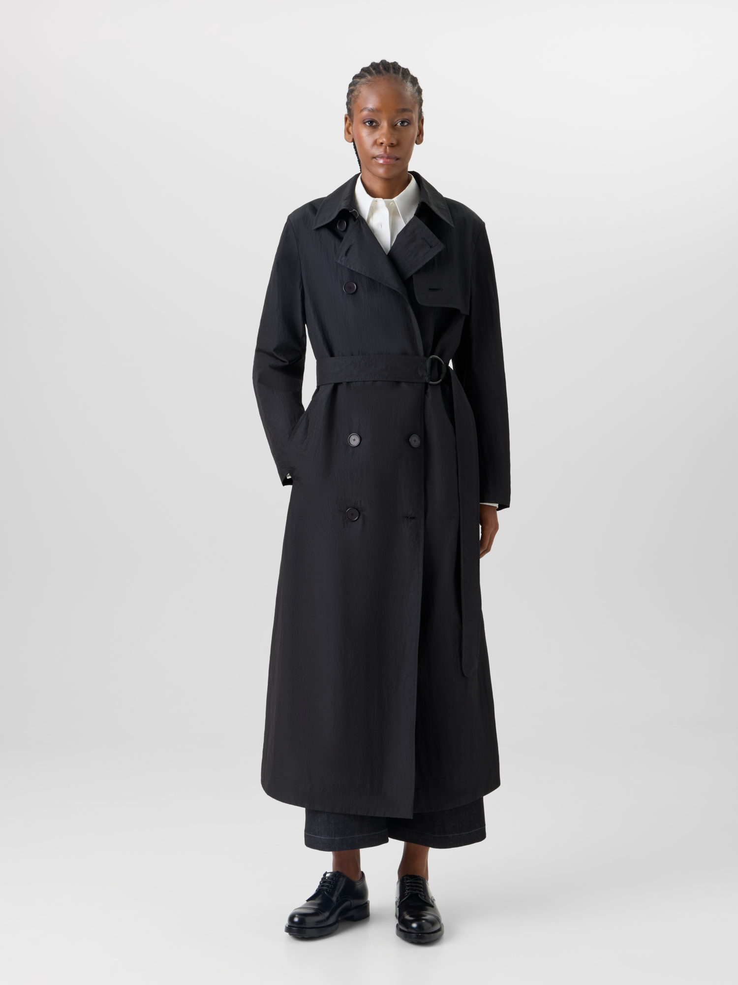 Designer Long-Sleeve Crinkled Parachute-Taffeta Long Trench Coat - black 