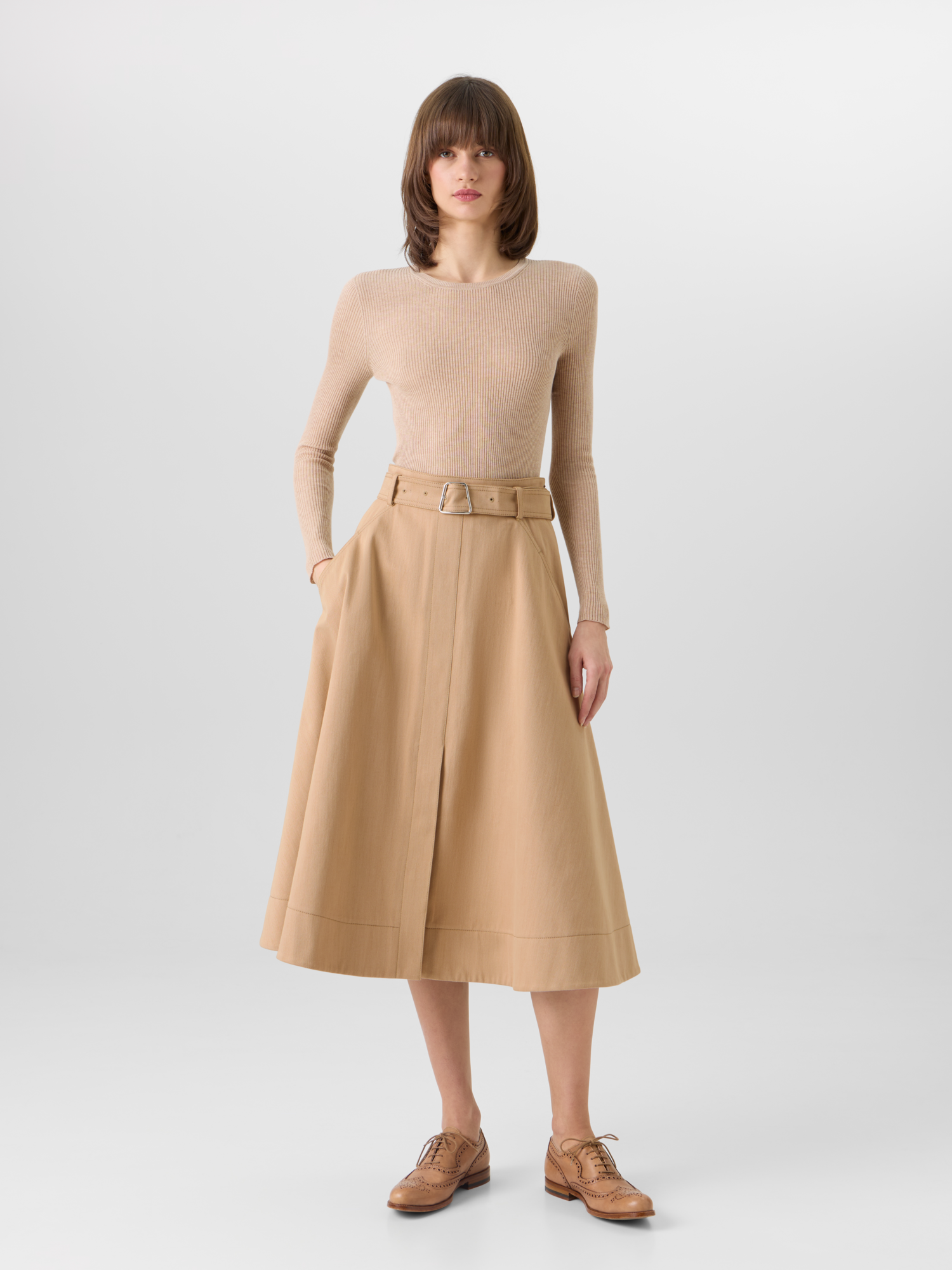 Designer Stretch-Cotton Denim Midi Skirt - beige 