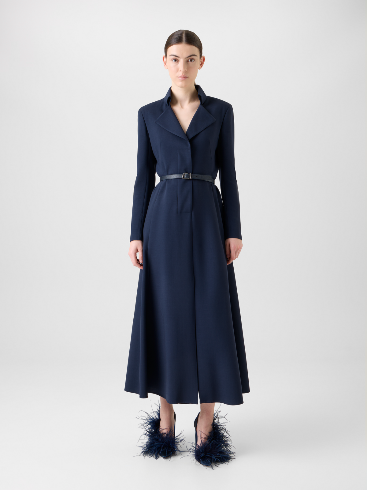 Designer Belted Wool Double-Face Midi Shirt Dress - neutral - navy - blue #editorial