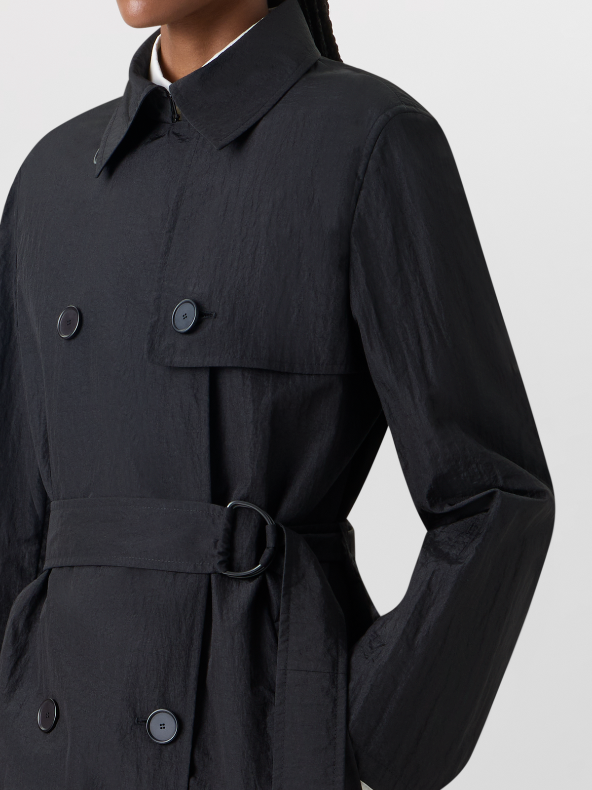 Designer Long-Sleeve Crinkled Parachute-Taffeta Long Trench Coat - black #editorial