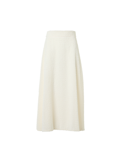 Designer Flared Midi Skirt in Fringed Grid - ecru