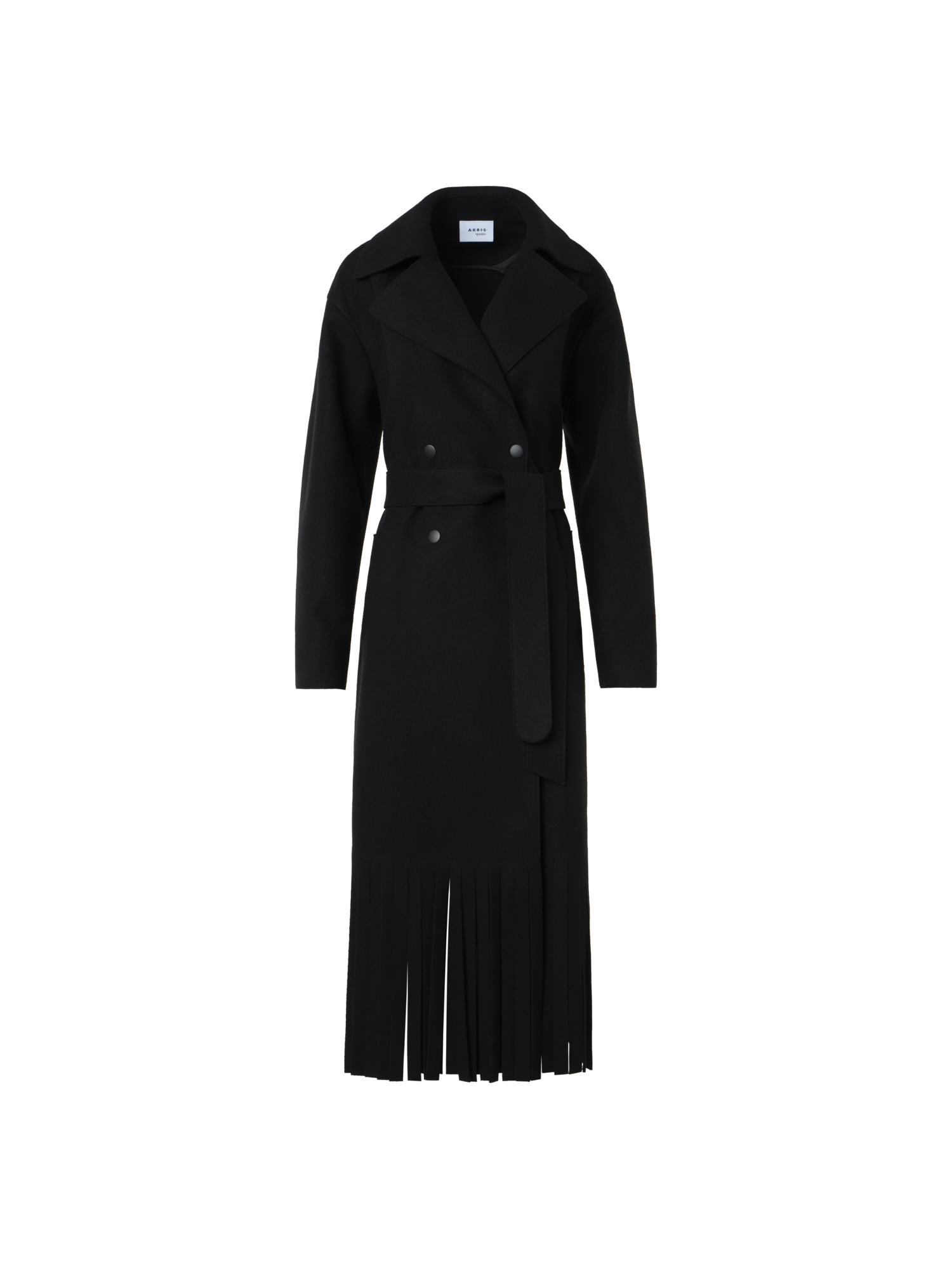 Designer Fringed Felted Wool Trench Coat - black